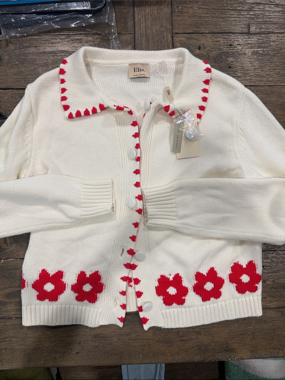 NWT Cream Knit Cardigan with Red Floral Trim